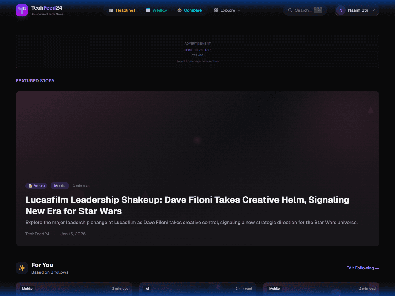 TechFeed24 Homepage - Hero Section